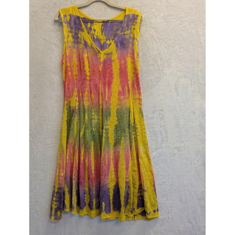 Tie Dye‎ Embroidered Dress Sleeveless V-Neck Summer Casual Yellow Purple Size L